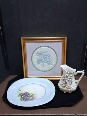 3 Pc Vintage Lefton, Bavaria porcelain, & hand embroidered artwork